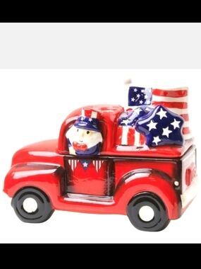 Rae Dunn Red Patriotic Truck Ceramic Canister/Jar with American Flag Accents